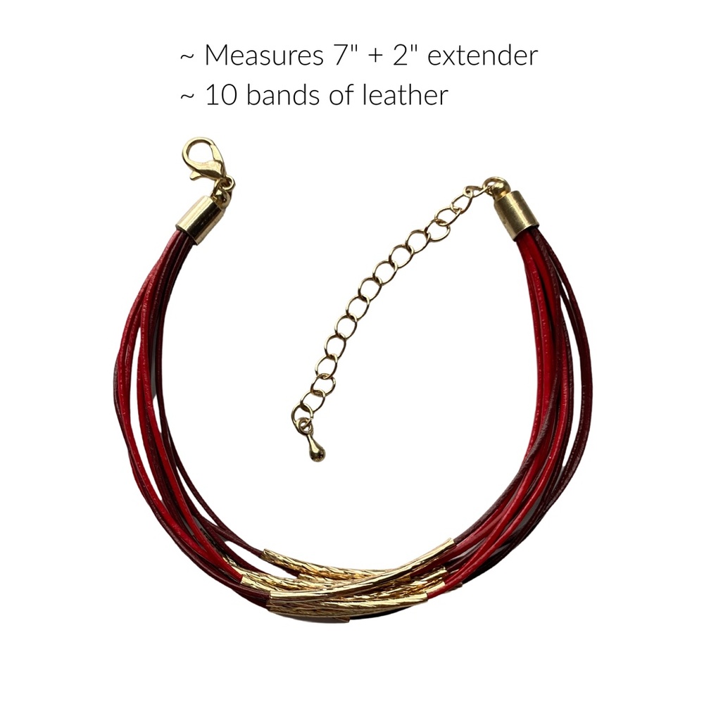 Leather Bracelet in Red with Gold Accents - Picture 2 of 2